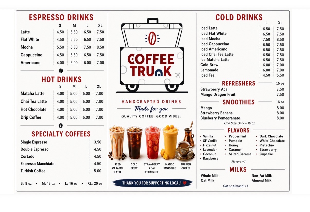 Coffee Trunk’s drinks menu
