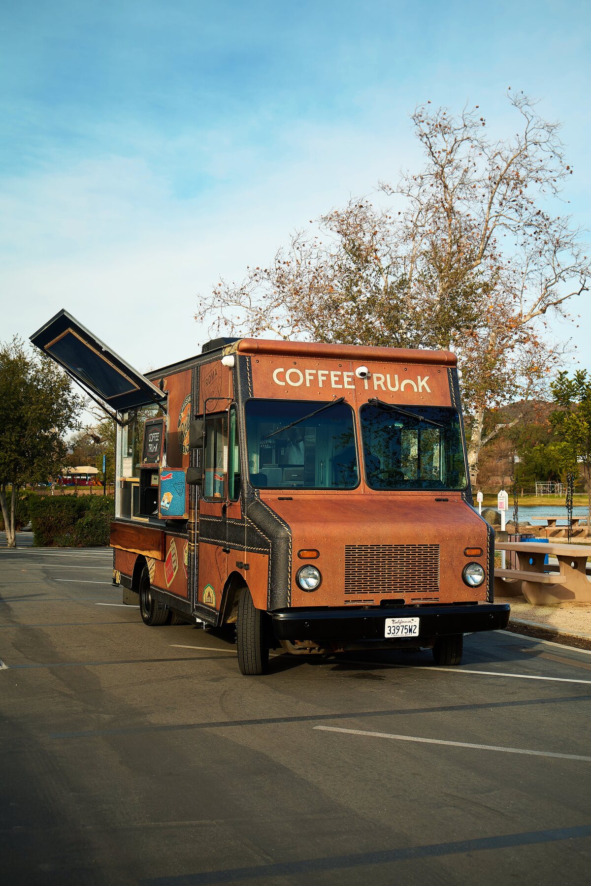 Three-quarter front view of Coffee Trunk with its service hatch open